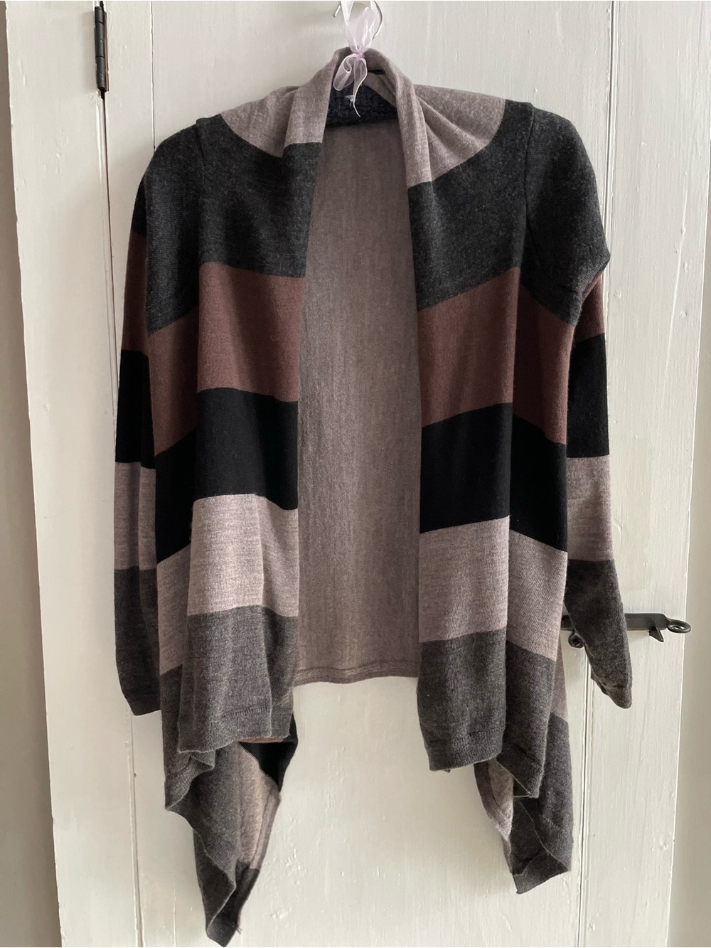 100% Merino Wool Open-Front Striped Draped Women's Cardigan - Gray/Taupe/Black S